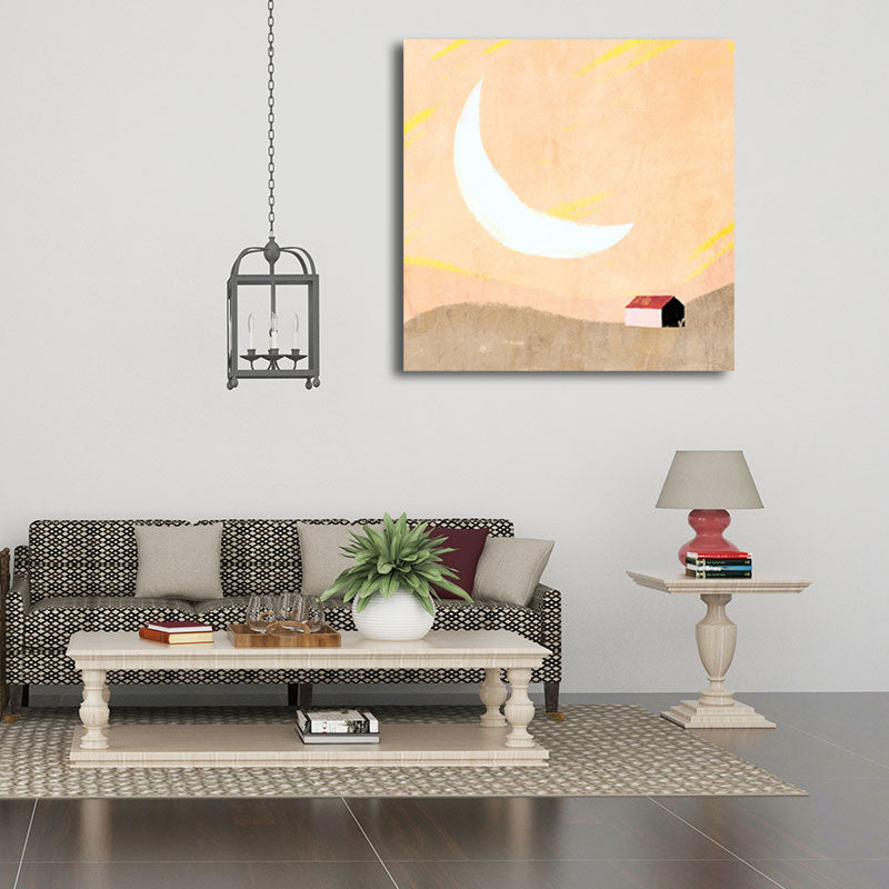 Moon Mountain Landscape Painting Childrens Art Textured Wall Decor in Pastel Color Clearhalo 'Art Gallery' 'Canvas Art' 'Kids' Arts' 1658264