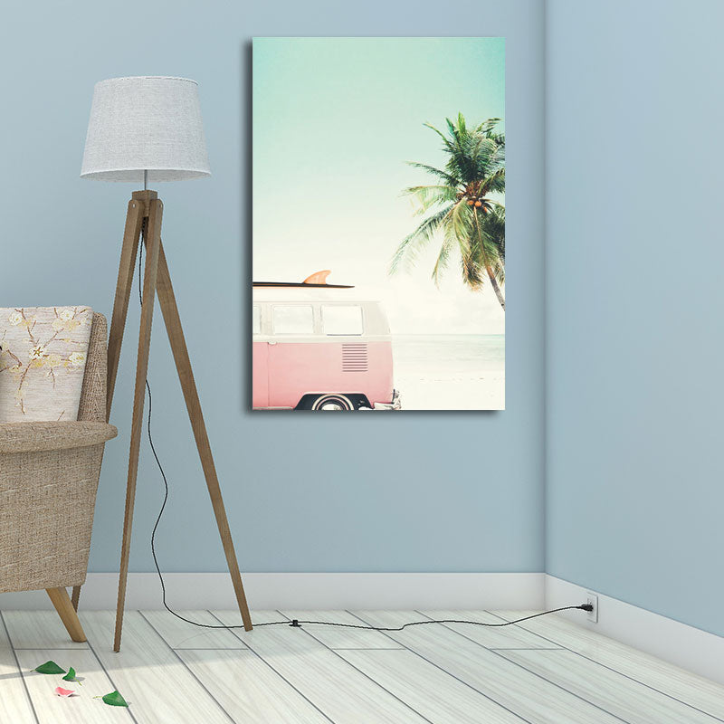 Bus and Coconut Tree Canvas Tropical Textured Wall Art Print in Green and Pink for Room Green Clearhalo 'Art Gallery' 'Canvas Art' 'Coastal Art Gallery' 'Nautical' Arts' 1658291