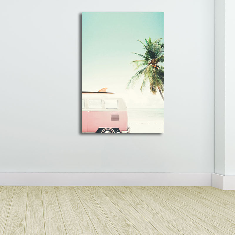 Bus and Coconut Tree Canvas Tropical Textured Wall Art Print in Green and Pink for Room Clearhalo 'Art Gallery' 'Canvas Art' 'Coastal Art Gallery' 'Nautical' Arts' 1658292