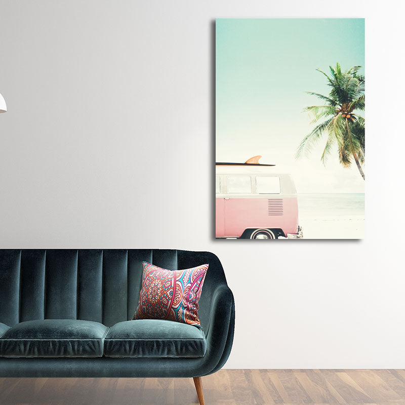 Bus and Coconut Tree Canvas Tropical Textured Wall Art Print in Green and Pink for Room Clearhalo 'Art Gallery' 'Canvas Art' 'Coastal Art Gallery' 'Nautical' Arts' 1658293