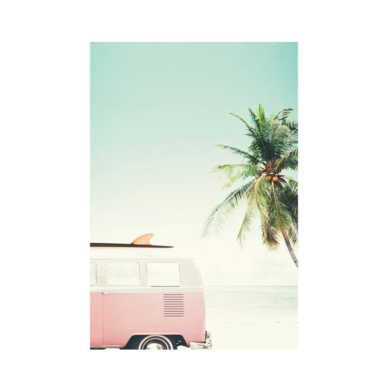 Bus and Coconut Tree Canvas Tropical Textured Wall Art Print in Green and Pink for Room Clearhalo 'Art Gallery' 'Canvas Art' 'Coastal Art Gallery' 'Nautical' Arts' 1658294