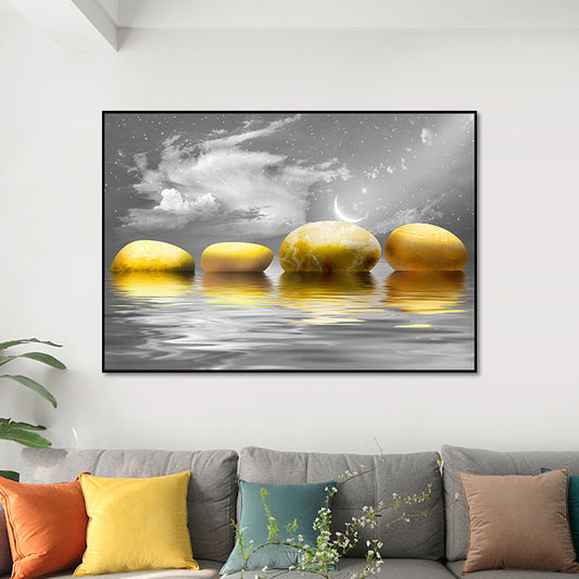 Big Pebbles Wall Art Print Glam Magical Night Seascape Canvas in Gold for Bedroom Clearhalo 'Arts' 'Canvas Art' 1658337
