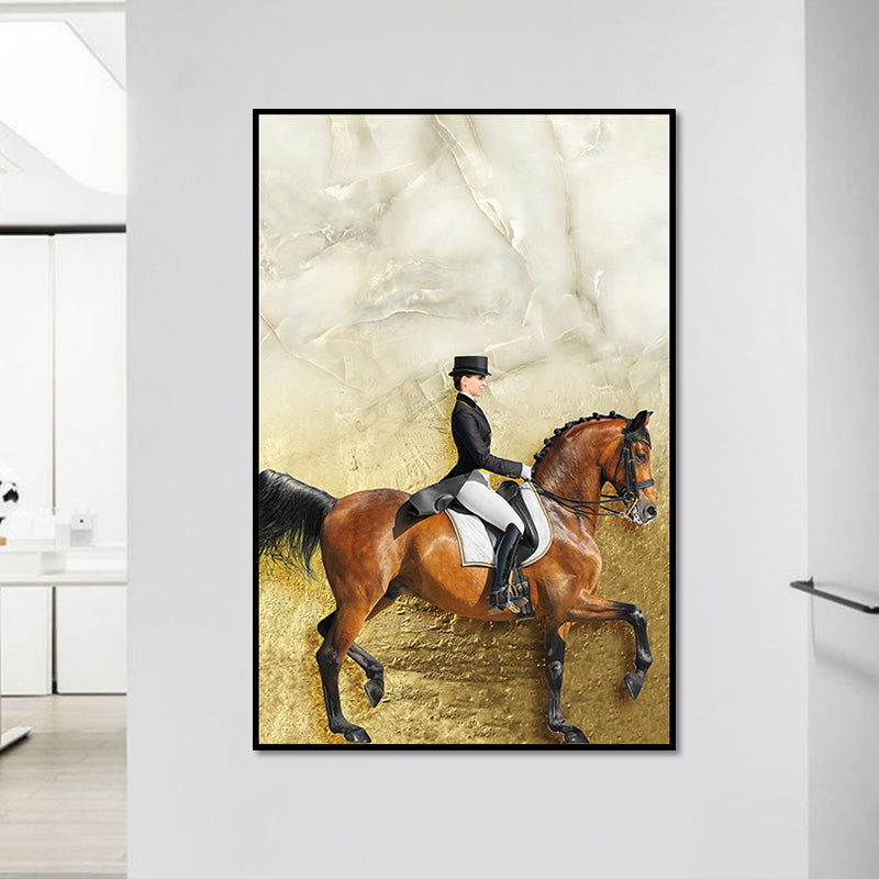 Lady Riding Horse Painting Art Print Vintage Canvas Wall Decor in Brown and Black Brown Clearhalo 'Art Gallery' 'Canvas Art' 'Traditional' Arts' 1658352