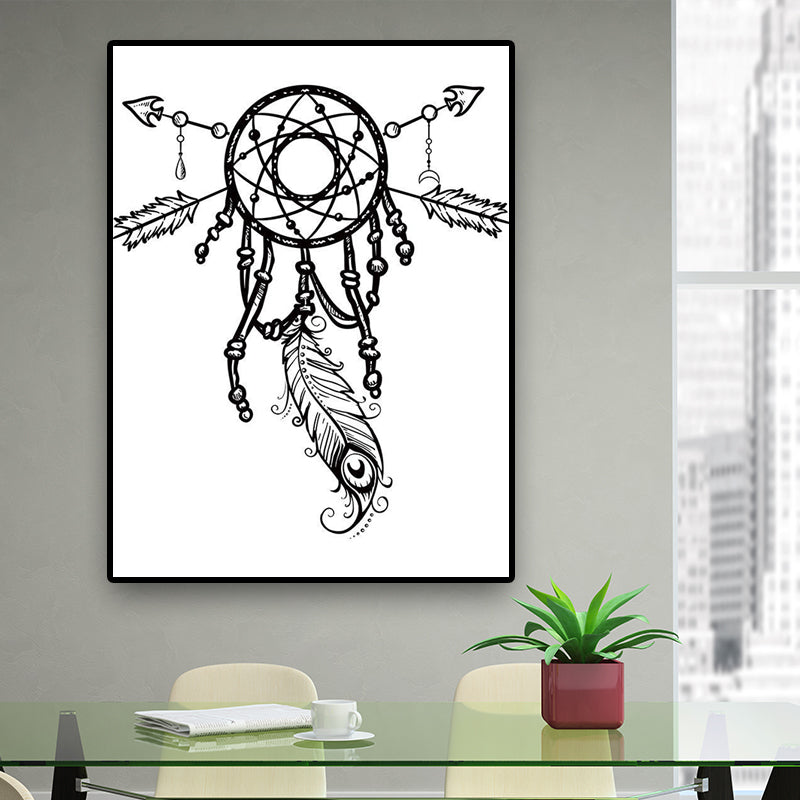 Charcoal Drawing Minimalism Style Art Dreamcatcher in White, Multiple Sizes Options Clearhalo 'Art Gallery' 'Canvas Art' 'Contemporary Art Gallery' 'Contemporary Art' 'Minimalism' 'Minimalist Art Gallery' 'Scandinavian' Arts' 1658459