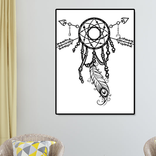 Charcoal Drawing Minimalism Style Art Dreamcatcher in White, Multiple Sizes Options