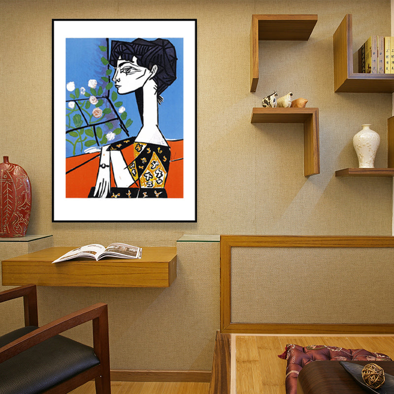 Woman and Flower Wall Art Print Blue Canvas Painting Textured for Living Room (Multiple Sizes) Clearhalo 'Art Gallery' 'Canvas Art' 'Kids' Arts' 1658504