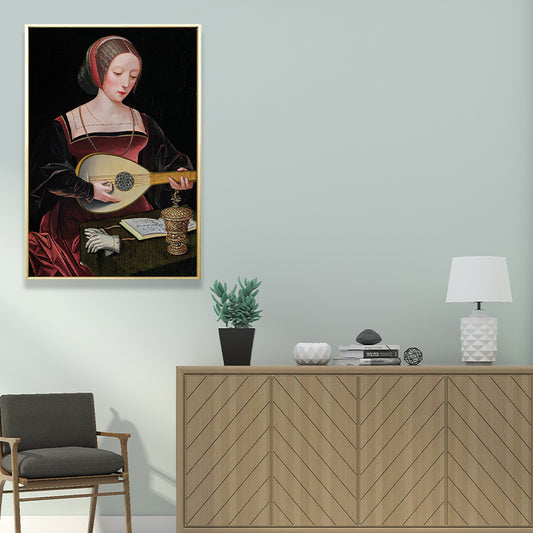 Red Woman Playing Lute Painting Musical Vintage Textured Canvas Art for Living Room Clearhalo 'Arts' 'Canvas Art' 1658556