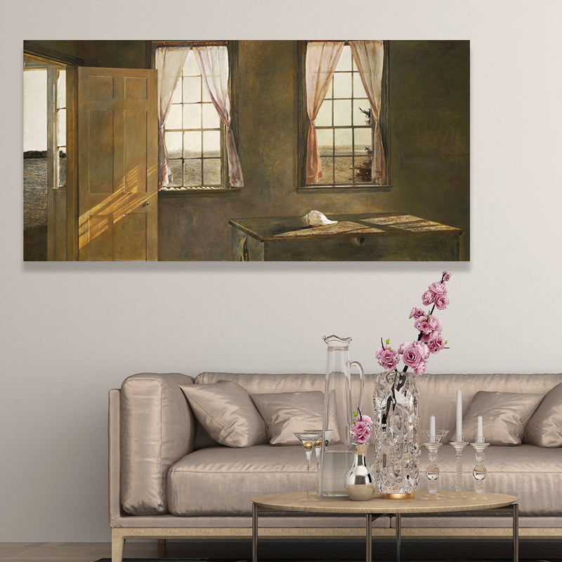 Room with Two Windows Painting Modern Textured House Interior Wall Art Print in Yellow Clearhalo 'Art Gallery' 'Canvas Art' 'Contemporary Art Gallery' 'Modern' Arts' 1658594