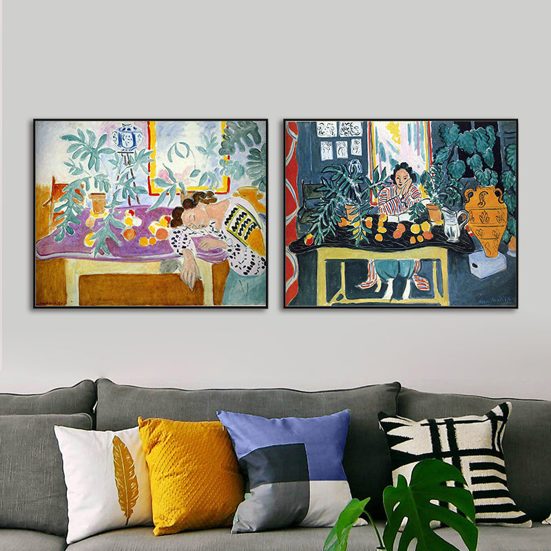 Fauvism Matisse Napping Painting Green Dining Room Wall Art, Textured Surface Green Clearhalo 'Art Gallery' 'Canvas Art' 'Contemporary Art Gallery' 'Modern' Arts' 1658647