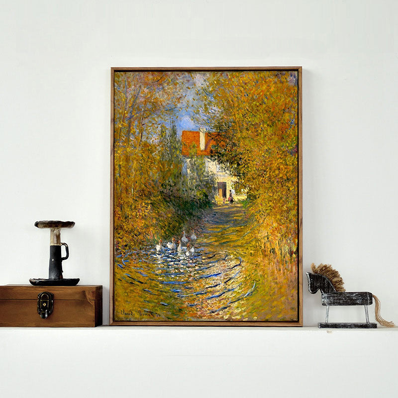 Geese in the Creek Art Print Textured Rustic House Interior Canvas in Yellow-Orange Yellow Clearhalo 'Art Gallery' 'Canvas Art' 'Country Art Gallery' 'French Country' 'Rustic' Arts' 1658652