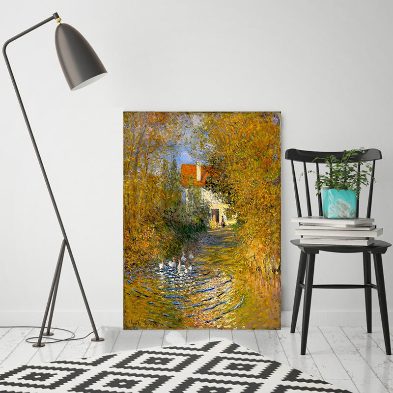 Geese in the Creek Art Print Textured Rustic House Interior Canvas in Yellow-Orange Clearhalo 'Art Gallery' 'Canvas Art' 'Country Art Gallery' 'French Country' 'Rustic' Arts' 1658654