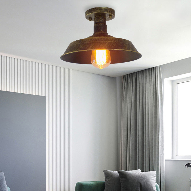 Farmhouse Barn Shade Semi-Flush Mount 1 Head Wrought Iron Ceiling Light Fixture in Aged Silver/Weathered Copper Antique Brass Clearhalo 'Ceiling Lights' 'Close To Ceiling Lights' 'Close to ceiling' 'Flush mount' 'Industrial Flush Mount' Lighting' 165872