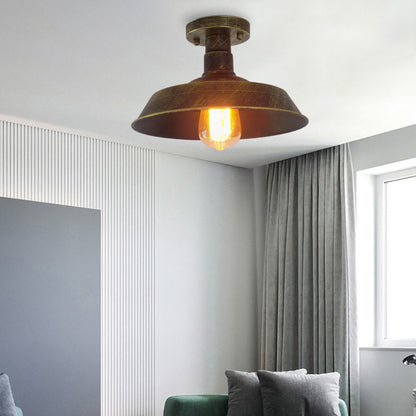 Farmhouse Barn Shade Semi-Flush Mount 1 Head Wrought Iron Ceiling Light Fixture in Aged Silver/Weathered Copper Antique Brass Clearhalo 'Ceiling Lights' 'Close To Ceiling Lights' 'Close to ceiling' 'Flush mount' 'Industrial Flush Mount' Lighting' 165872