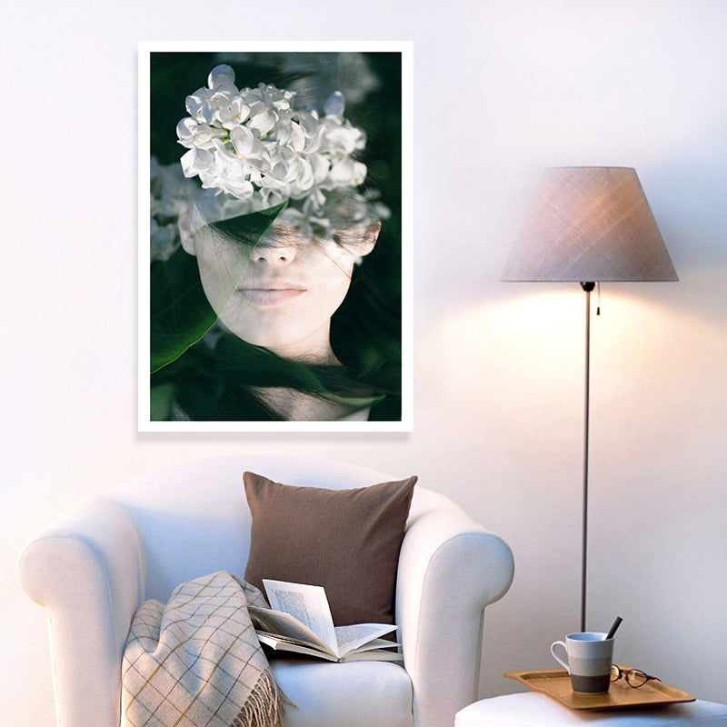 Photography Woman and Flower Canvas Art for Girls Bedroom, White and Green, Textured White Clearhalo 'Arts' 'Canvas Art' 1658733