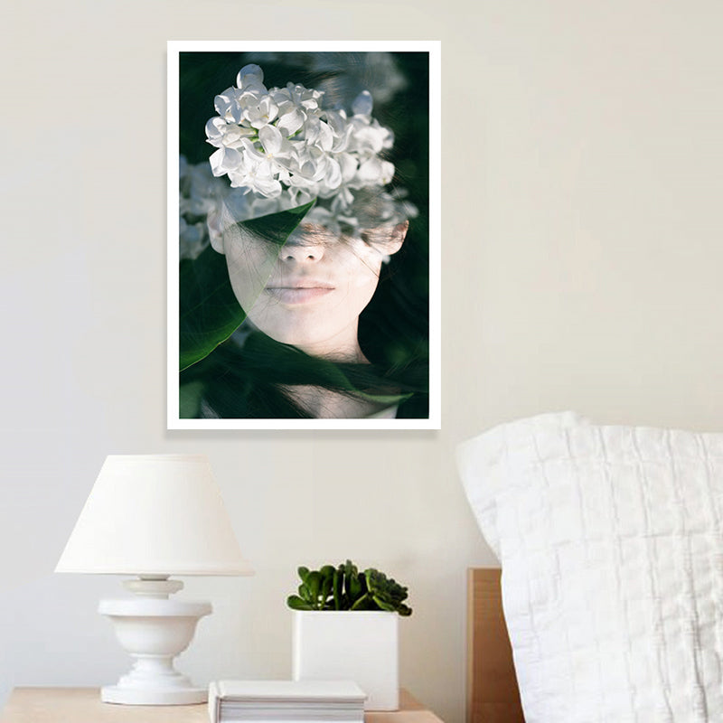 Photography Woman and Flower Canvas Art for Girls Bedroom, White and Green, Textured Clearhalo 'Arts' 'Canvas Art' 1658734