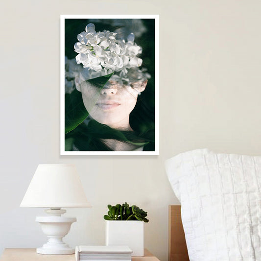 Photography Woman and Flower Canvas Art for Girls Bedroom, White and Green, Textured - Clearhalo - 'Arts' - 'Canvas Art' - 1658734