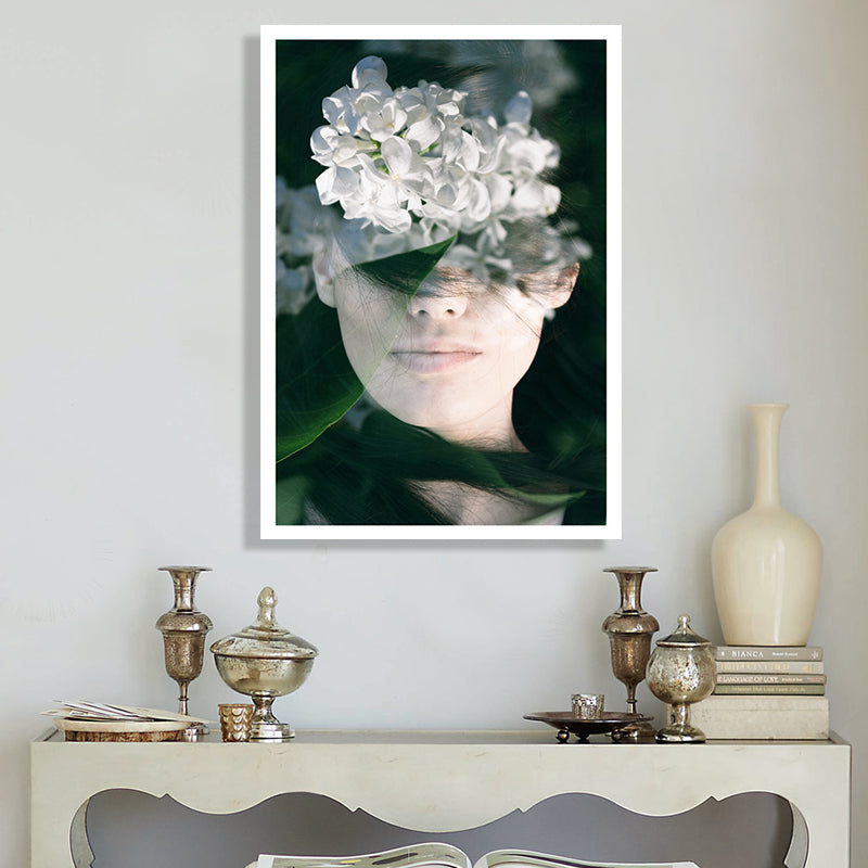 Photography Woman and Flower Canvas Art for Girls Bedroom, White and Green, Textured Clearhalo 'Arts' 'Canvas Art' 1658735