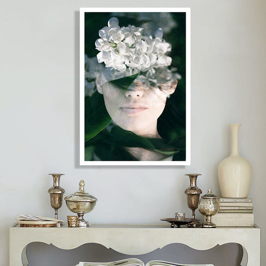 Photography Woman and Flower Canvas Art for Girls Bedroom, White and Green, Textured - Clearhalo - 'Arts' - 'Canvas Art' - 1658735