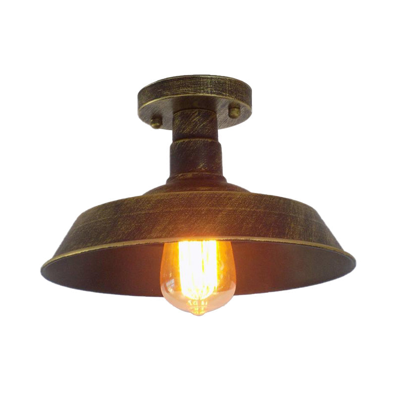 Farmhouse Barn Shade Semi-Flush Mount 1 Head Wrought Iron Ceiling Light Fixture in Aged Silver/Weathered Copper Clearhalo 'Ceiling Lights' 'Close To Ceiling Lights' 'Close to ceiling' 'Flush mount' 'Industrial Flush Mount' Lighting' 165874