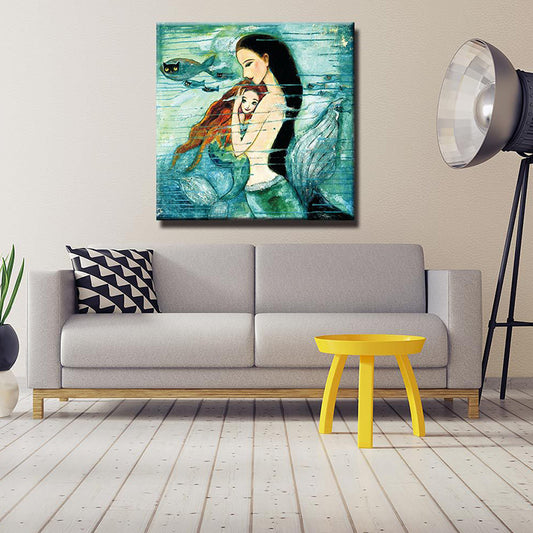 Fantasy Wall Art Kids Style Myth Mermaid Drawing Canvas Print in Green for Home Green Clearhalo 'Art Gallery' 'Canvas Art' 'Kids' Arts' 1658780