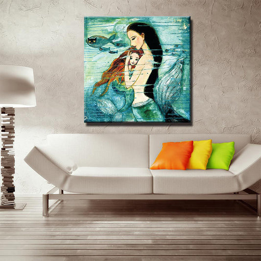 Fantasy Wall Art Kids Style Myth Mermaid Drawing Canvas Print in Green for Home Clearhalo 'Art Gallery' 'Canvas Art' 'Kids' Arts' 1658781