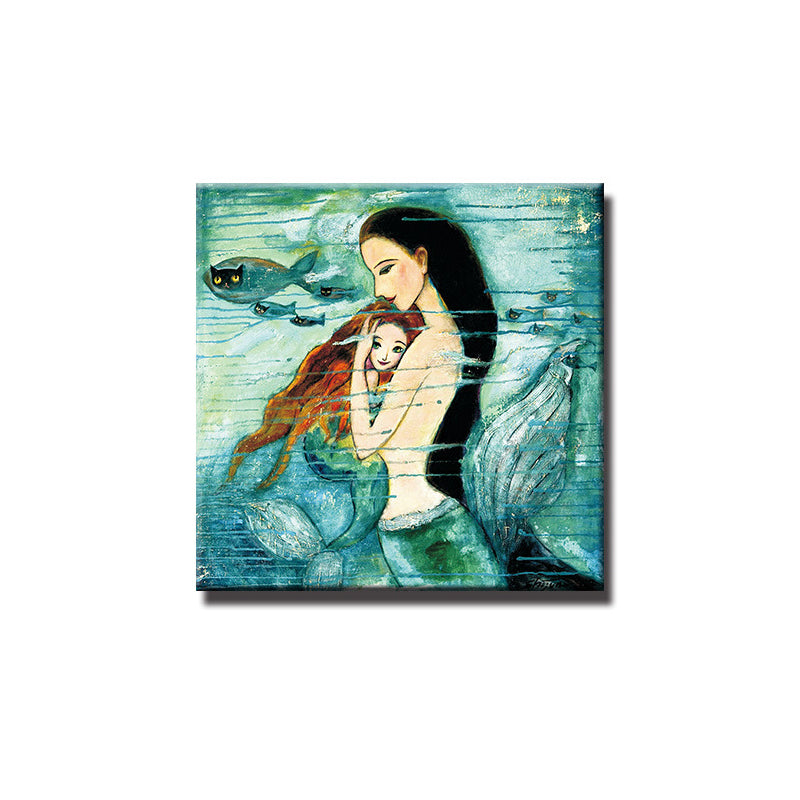 Fantasy Wall Art Kids Style Myth Mermaid Drawing Canvas Print in Green for Home Clearhalo 'Art Gallery' 'Canvas Art' 'Kids' Arts' 1658783