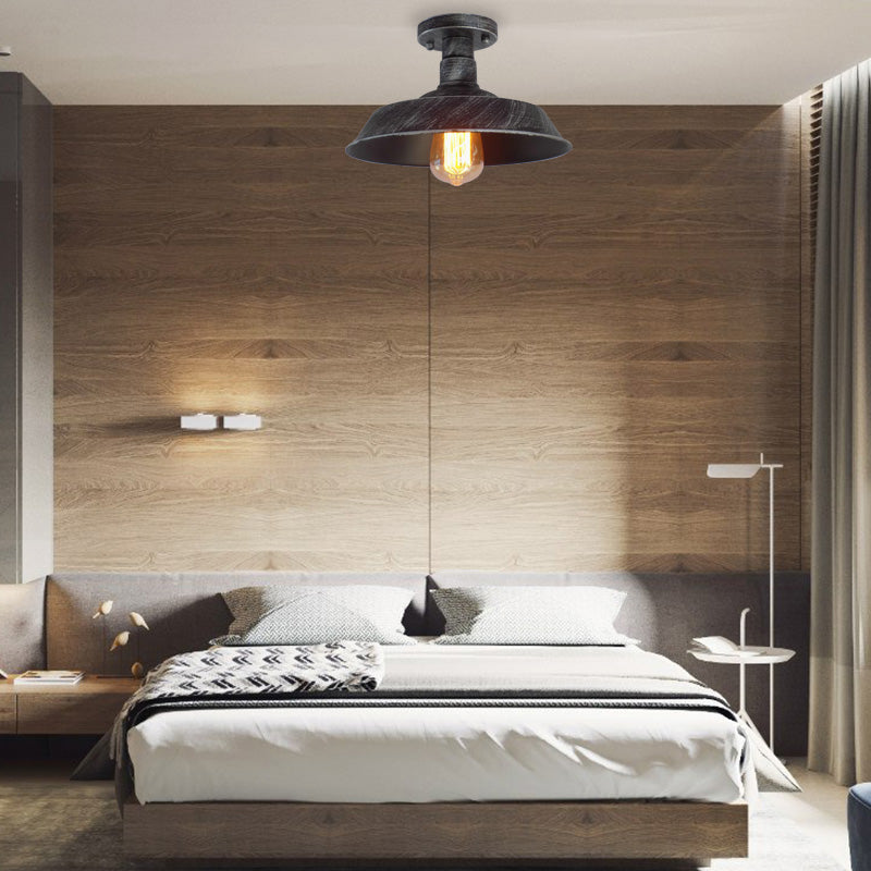Farmhouse Barn Shade Semi-Flush Mount 1 Head Wrought Iron Ceiling Light Fixture in Aged Silver/Weathered Copper Aged Silver Clearhalo 'Ceiling Lights' 'Close To Ceiling Lights' 'Close to ceiling' 'Flush mount' 'Industrial Flush Mount' Lighting' 165879