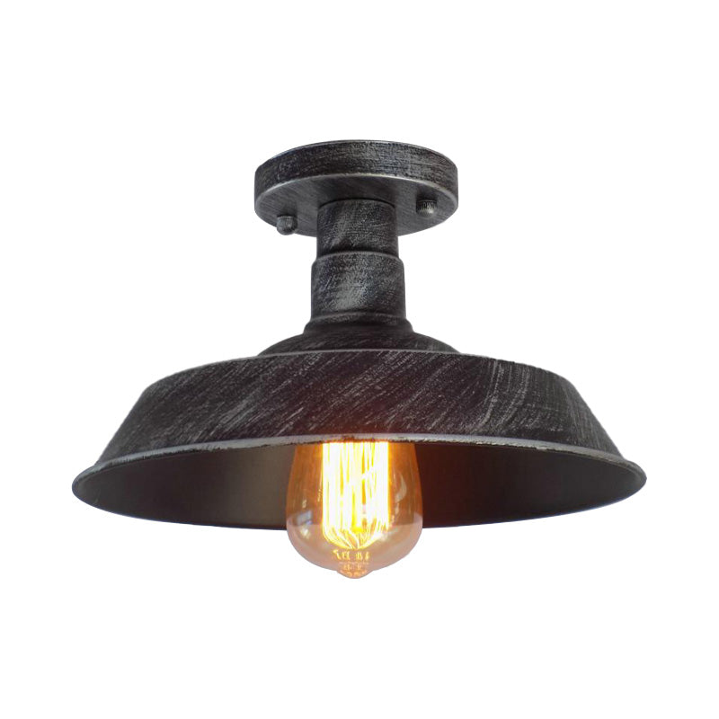Farmhouse Barn Shade Semi-Flush Mount 1 Head Wrought Iron Ceiling Light Fixture in Aged Silver/Weathered Copper Clearhalo 'Ceiling Lights' 'Close To Ceiling Lights' 'Close to ceiling' 'Flush mount' 'Industrial Flush Mount' Lighting' 165881