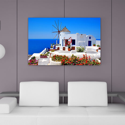 Aegean Sea Houses Wall Art Modern Style Textured Sitting Room Canvas Print in Blue Clearhalo 'Art Gallery' 'Canvas Art' 'Contemporary Art Gallery' 'Modern' Arts' 1658814