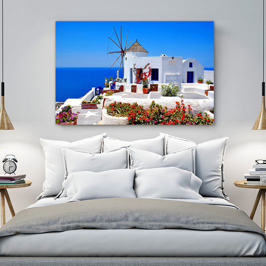 Aegean Sea Houses Wall Art Modern Style Textured Sitting Room Canvas Print in Blue Clearhalo 'Art Gallery' 'Canvas Art' 'Contemporary Art Gallery' 'Modern' Arts' 1658815