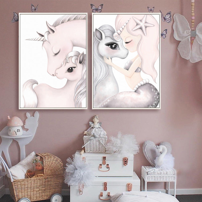 Cartoon Pony Painting Canvas Wall Art Pink Fantasy Wall Decor for Baby Girls Room Pink One Set Clearhalo 'Art Gallery' 'Canvas Art' 'Kids' Arts' 1658820
