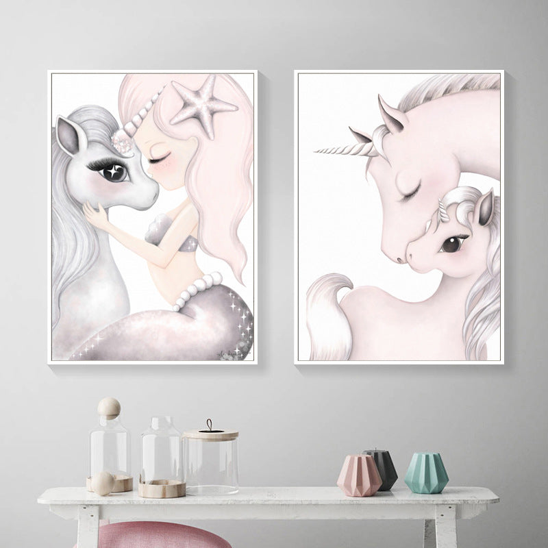 Cartoon Pony Painting Canvas Wall Art Pink Fantasy Wall Decor for Baby Girls Room Clearhalo 'Art Gallery' 'Canvas Art' 'Kids' Arts' 1658821