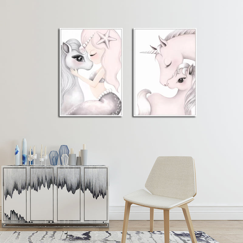 Cartoon Pony Painting Canvas Wall Art Pink Fantasy Wall Decor for Baby Girls Room Clearhalo 'Art Gallery' 'Canvas Art' 'Kids' Arts' 1658822