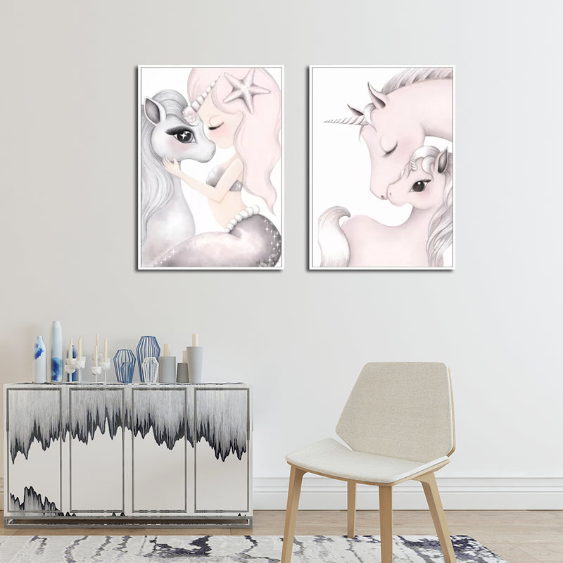 Cartoon Pony Painting Canvas Wall Art Pink Fantasy Wall Decor for Baby Girls Room Clearhalo 'Art Gallery' 'Canvas Art' 'Kids' Arts' 1658822