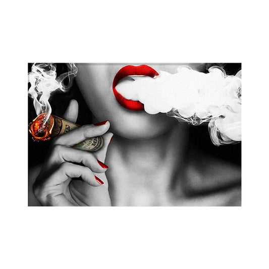 Photography Woman Smoking Canvas Wall Art for Girls Bedroom, Red and Grey, Textured Clearhalo 'Arts' 'Canvas Art' 1658852