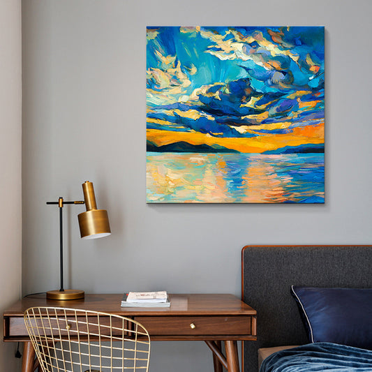 Blue Scenery Canvas Wall Art Modern Stunning River and Sunset Glow Painting in Blue Blue Clearhalo 'Art Gallery' 'Canvas Art' 'Contemporary Art Gallery' 'Modern' Arts' 1658875