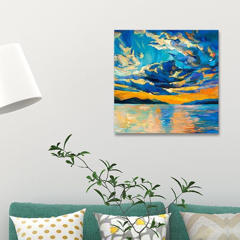 Blue Scenery Canvas Wall Art Modern Stunning River and Sunset Glow Painting in Blue Clearhalo 'Art Gallery' 'Canvas Art' 'Contemporary Art Gallery' 'Modern' Arts' 1658876