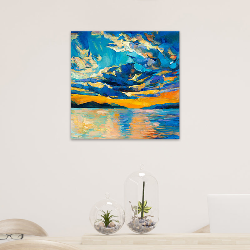 Blue Scenery Canvas Wall Art Modern Stunning River and Sunset Glow Painting in Blue Clearhalo 'Art Gallery' 'Canvas Art' 'Contemporary Art Gallery' 'Modern' Arts' 1658877