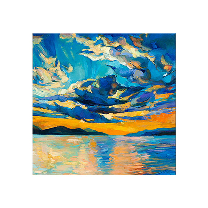 Blue Scenery Canvas Wall Art Modern Stunning River and Sunset Glow Painting in Blue Clearhalo 'Art Gallery' 'Canvas Art' 'Contemporary Art Gallery' 'Modern' Arts' 1658878