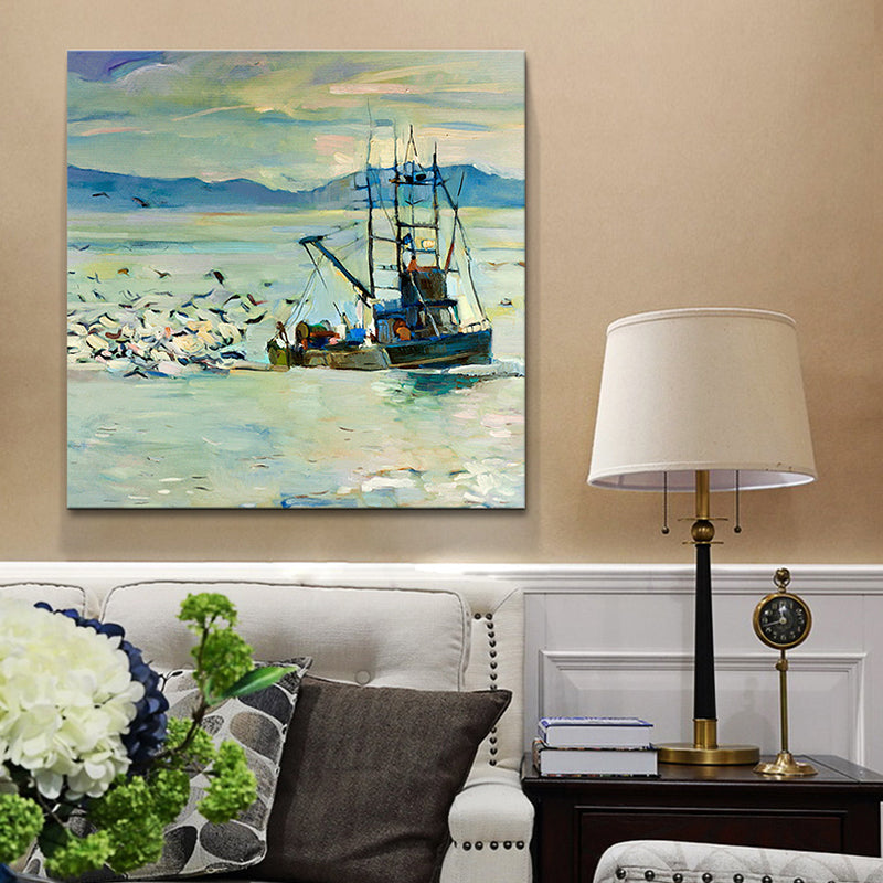 Traditional Wall Art Print Blue Gull and Fishing Boat on the Ocean Painting for Home Blue Clearhalo 'Art Gallery' 'Canvas Art' 'Traditional' Arts' 1658910