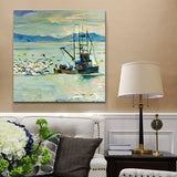 Traditional Wall Art Print Blue Gull and Fishing Boat on the Ocean Painting for Home Blue