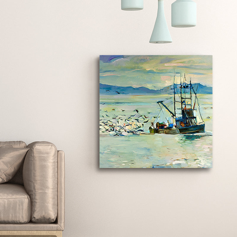 Traditional Wall Art Print Blue Gull and Fishing Boat on the Ocean Painting for Home Clearhalo 'Art Gallery' 'Canvas Art' 'Traditional' Arts' 1658911