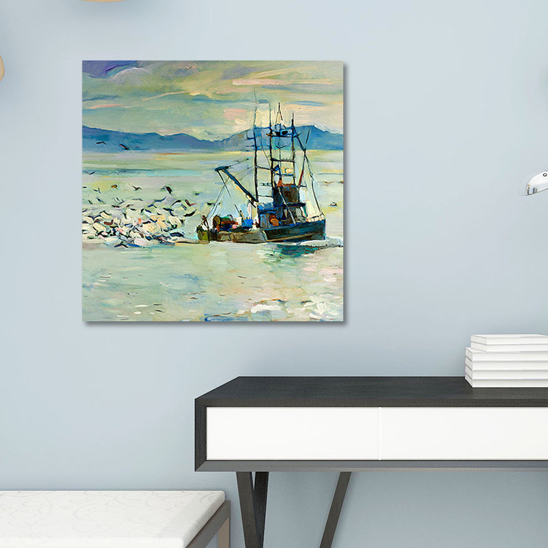Traditional Wall Art Print Blue Gull and Fishing Boat on the Ocean Painting for Home Clearhalo 'Art Gallery' 'Canvas Art' 'Traditional' Arts' 1658912