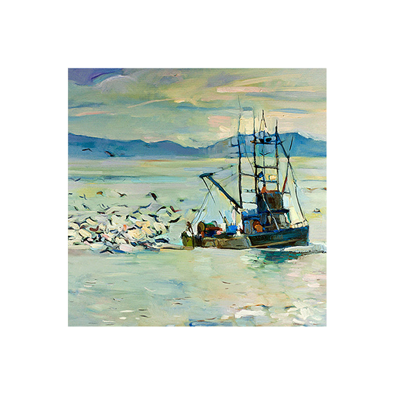 Traditional Wall Art Print Blue Gull and Fishing Boat on the Ocean Painting for Home Clearhalo 'Art Gallery' 'Canvas Art' 'Traditional' Arts' 1658913