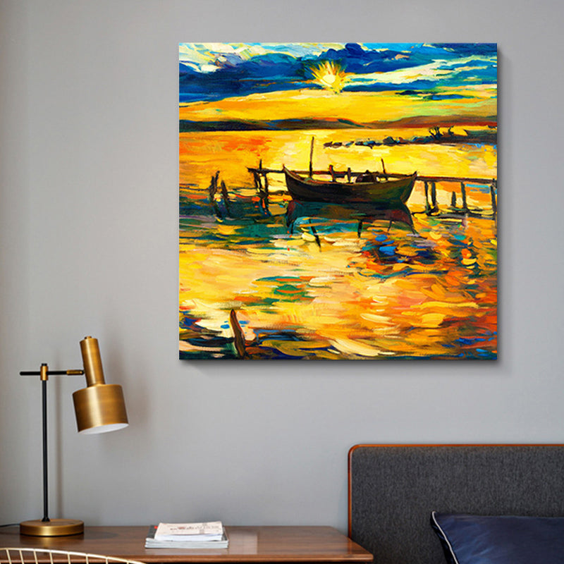Boat and Sunset Seascape Painting Canvas Print Orange Tropix Wall Art for Family Room Orange Clearhalo 'Art Gallery' 'Canvas Art' 'Coastal Art Gallery' 'Nautical' Arts' 1658957
