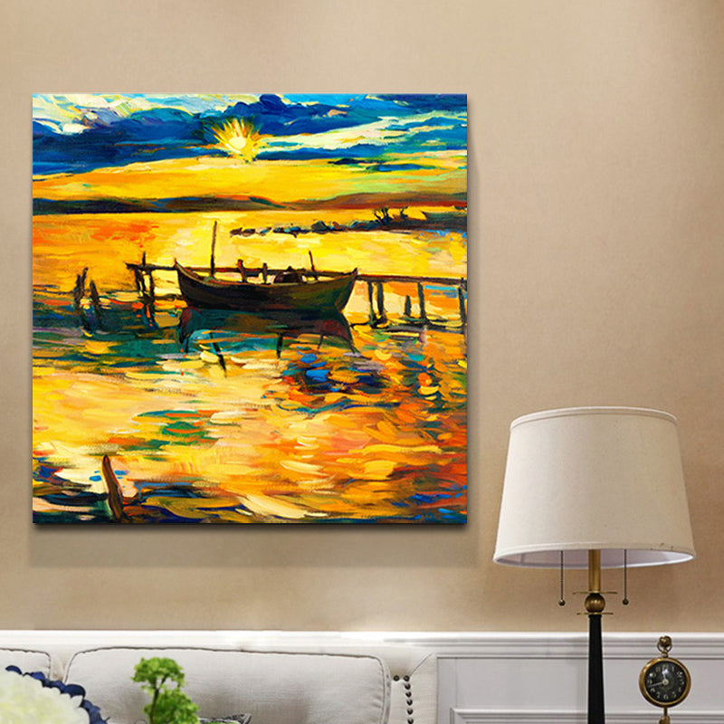 Boat and Sunset Seascape Painting Canvas Print Orange Tropix Wall Art for Family Room Clearhalo 'Art Gallery' 'Canvas Art' 'Coastal Art Gallery' 'Nautical' Arts' 1658958
