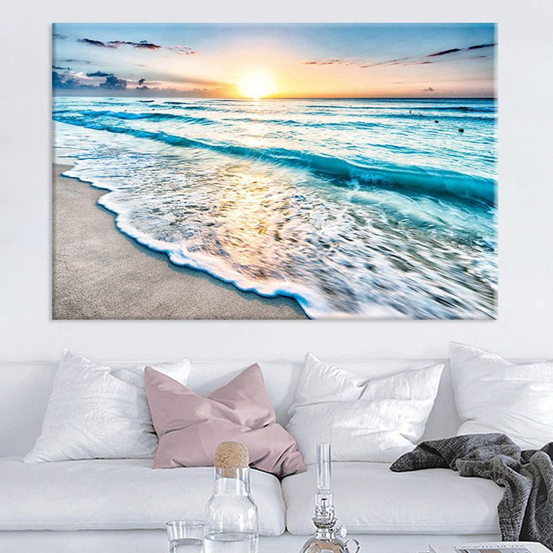 Sunset Beach Wave Scene Art Print in Blue Canvas Wall Decoration, Textured Surface Blue Clearhalo 'Art Gallery' 'Canvas Art' 'Coastal Art Gallery' 'Nautical' Arts' 1659038