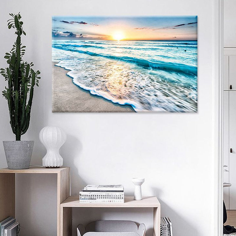 Sunset Beach Wave Scene Art Print in Blue Canvas Wall Decoration, Textured Surface Clearhalo 'Art Gallery' 'Canvas Art' 'Coastal Art Gallery' 'Nautical' Arts' 1659039