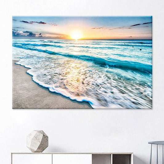 Sunset Beach Wave Scene Art Print in Blue Canvas Wall Decoration, Textured Surface Clearhalo 'Art Gallery' 'Canvas Art' 'Coastal Art Gallery' 'Nautical' Arts' 1659040
