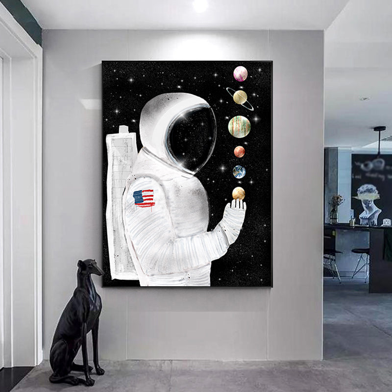 Science Fiction Canvas Print Childrens Art Cool Astronaut Wall Decor in Dark Color Black Clearhalo 'Art Gallery' 'Canvas Art' 'Kids' Arts' 1659052